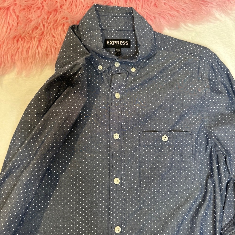 Express Mens Blue Polka‎ Dot Long Sleeve Button Down Shirt Small 14-14.5 Cotton - Picture 5 of 8
